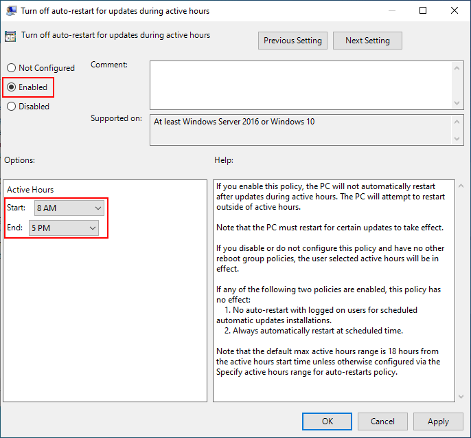 Turn off auto-restart for updates during active hours