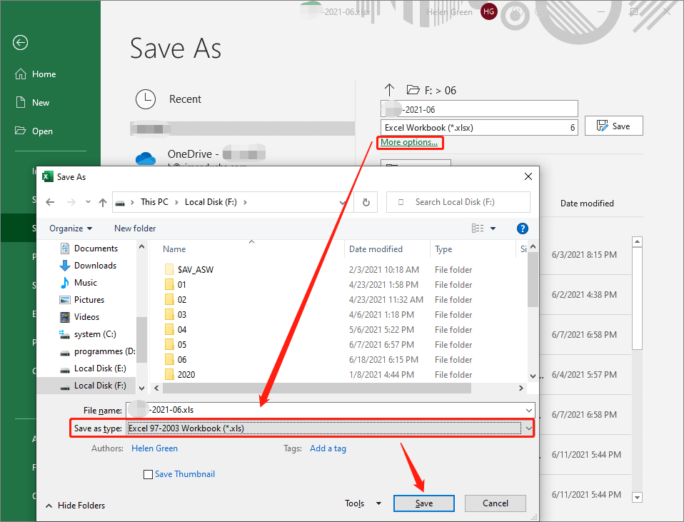 change xlsx to xls with Excel save as