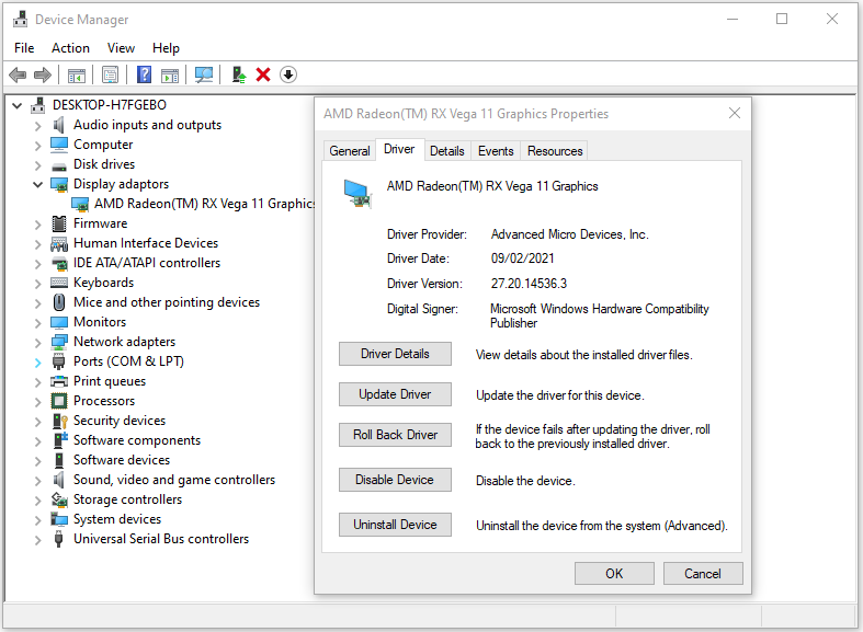choose the Roll Back Driver option