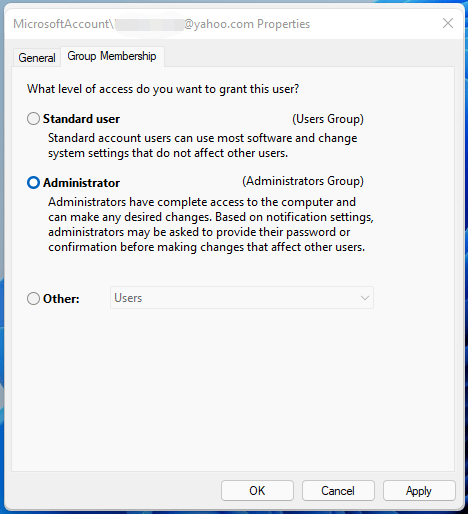 change Windows 11 administrator via user accounts