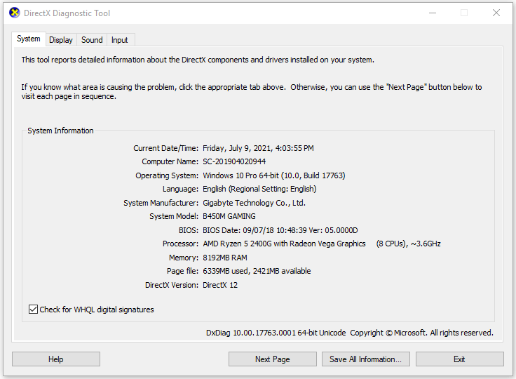 DirectX Diagnostic Tool