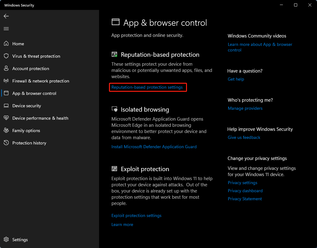 click Reputation-based protection settings