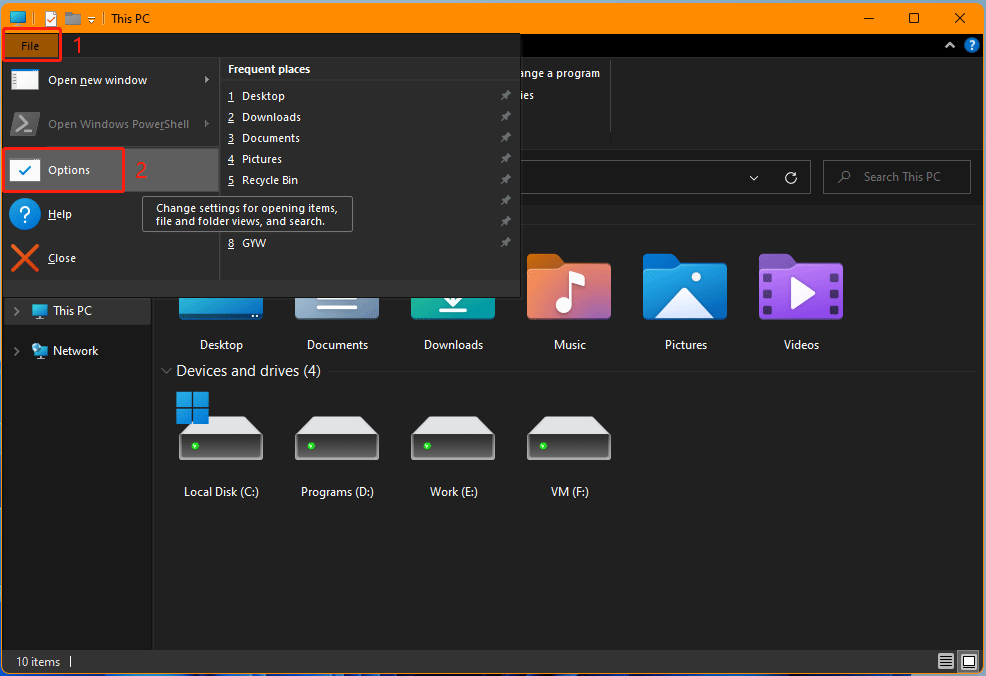 open Folder Options from File