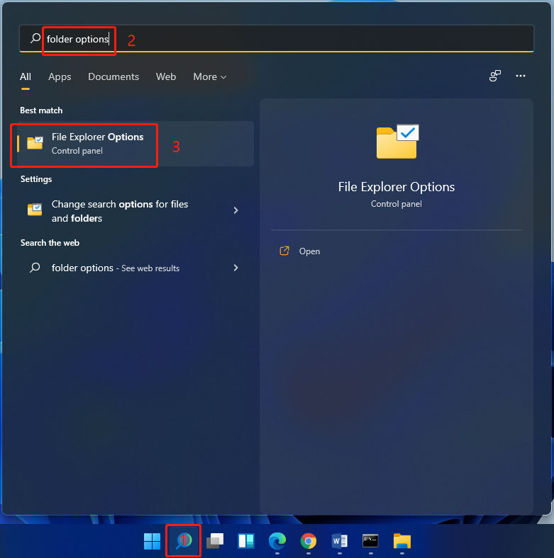 use Windows Search to open Folder Options