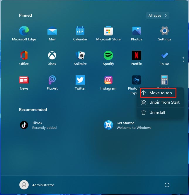 move an app to top in Start Menu