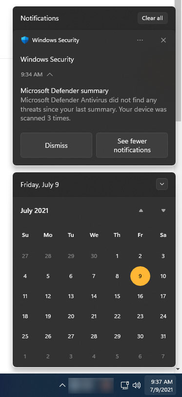 Windows 11 Notification Center with notification