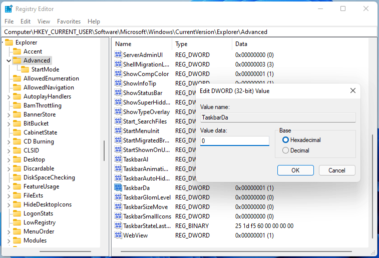 remove Widgets from Taskbar in Windows 11 via Registry Editor