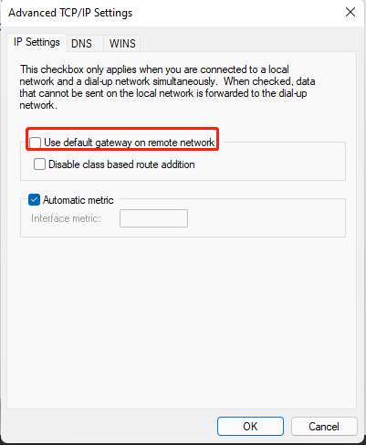 whether to use default gateway on a remote network or not