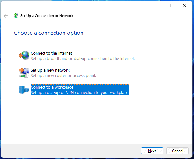 choose a connection option for the new VPN