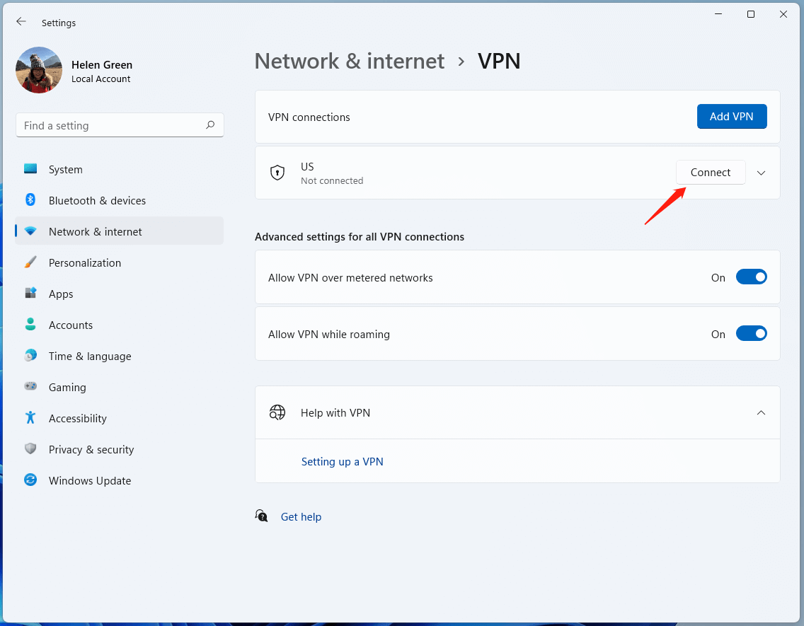 connect to the newly created VPN in Settings