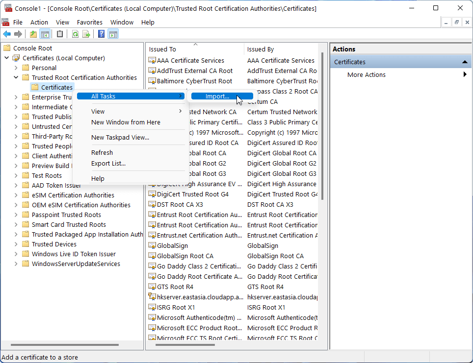 import certificates in Microsoft Management Console