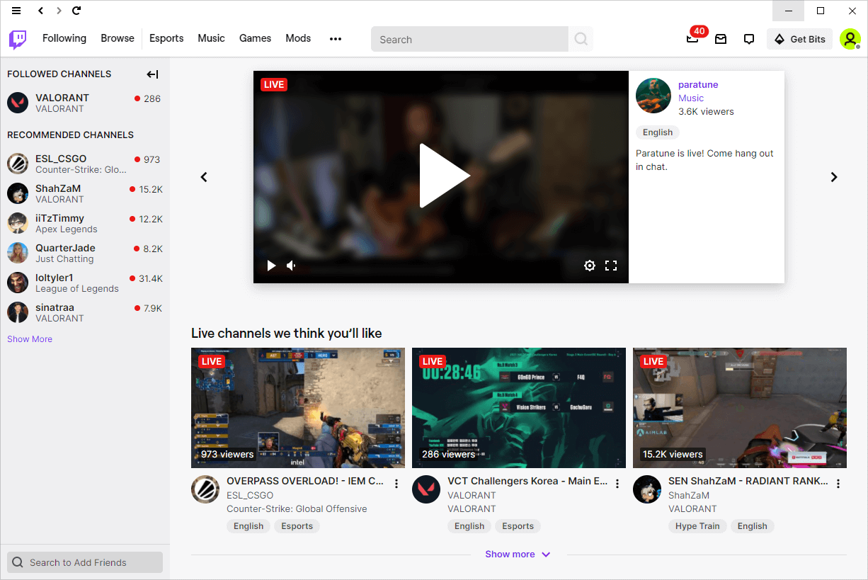 Twitch desktop app main user interface