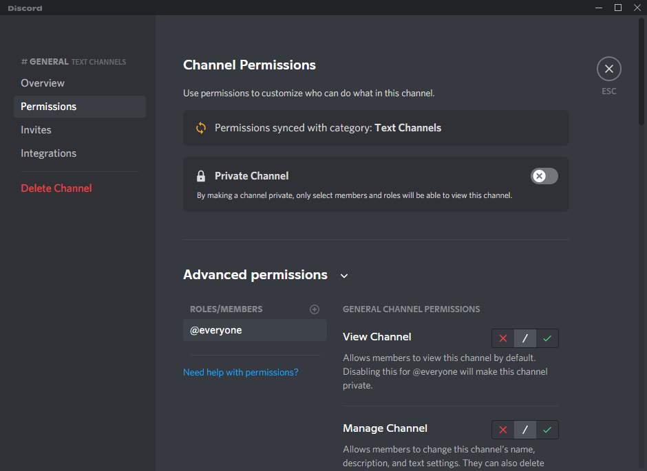 Discord channel permission settings