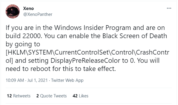 change registry to get black screen in Windows 11