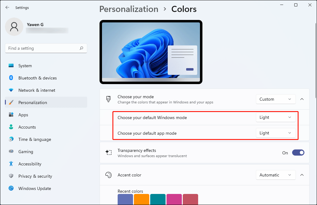 select Windows mode and app mode respectively