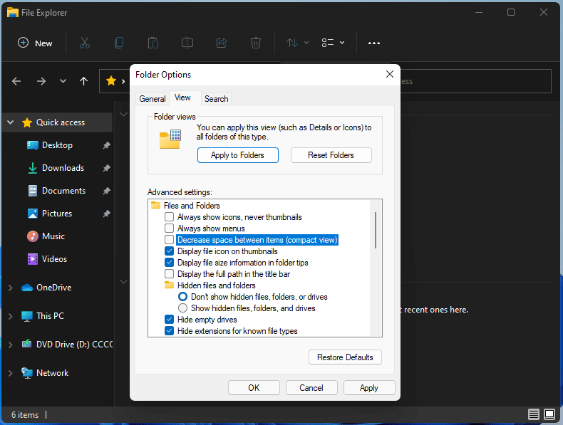 change spacing in Windows 11 File Explorer via Folder Options