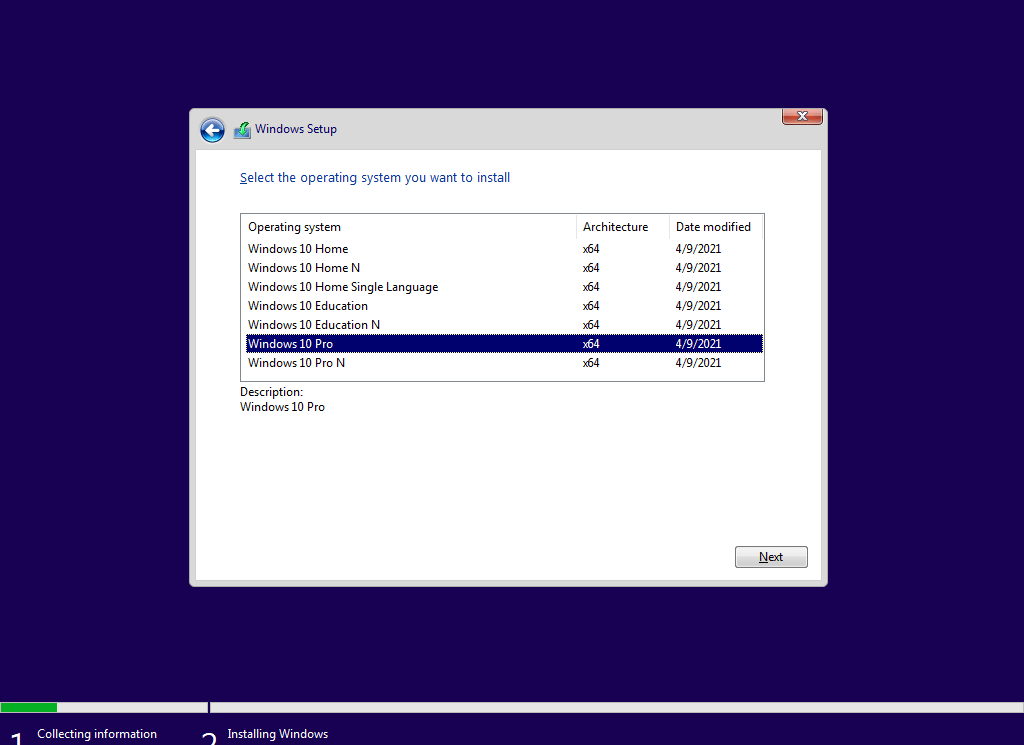 select the Windows version you want to install