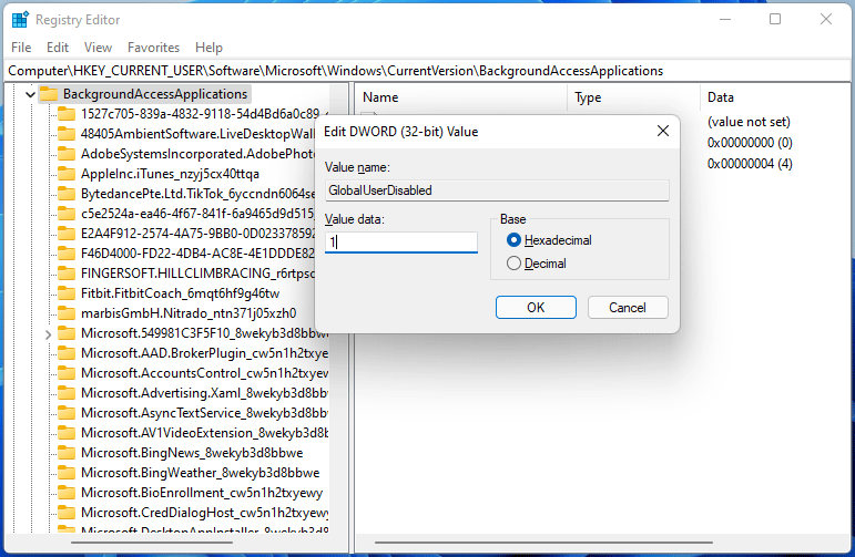 turn off background apps in Windows 11 registry