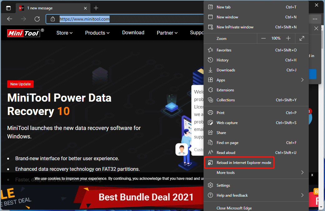 reload in Internet Explorer mode