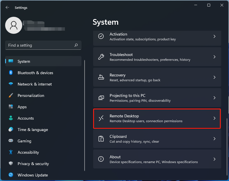 enable remote desktop via settings