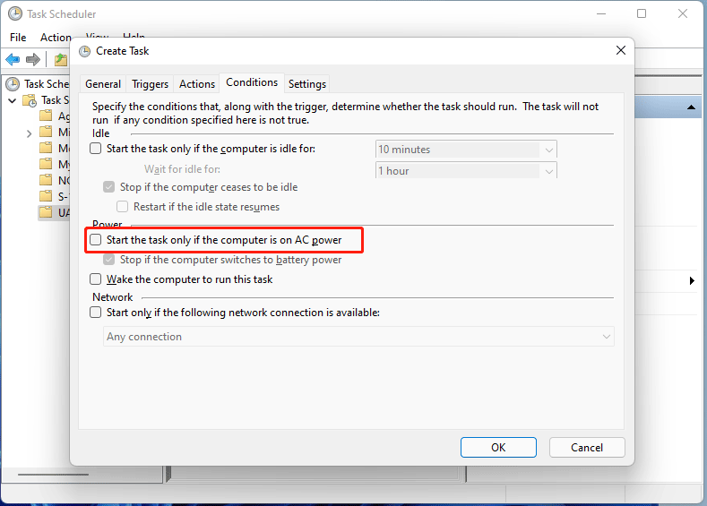 uncheck Start the task only if the computer is on AC power