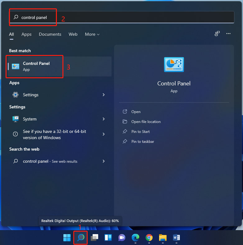 use Windows search to open Control Panel