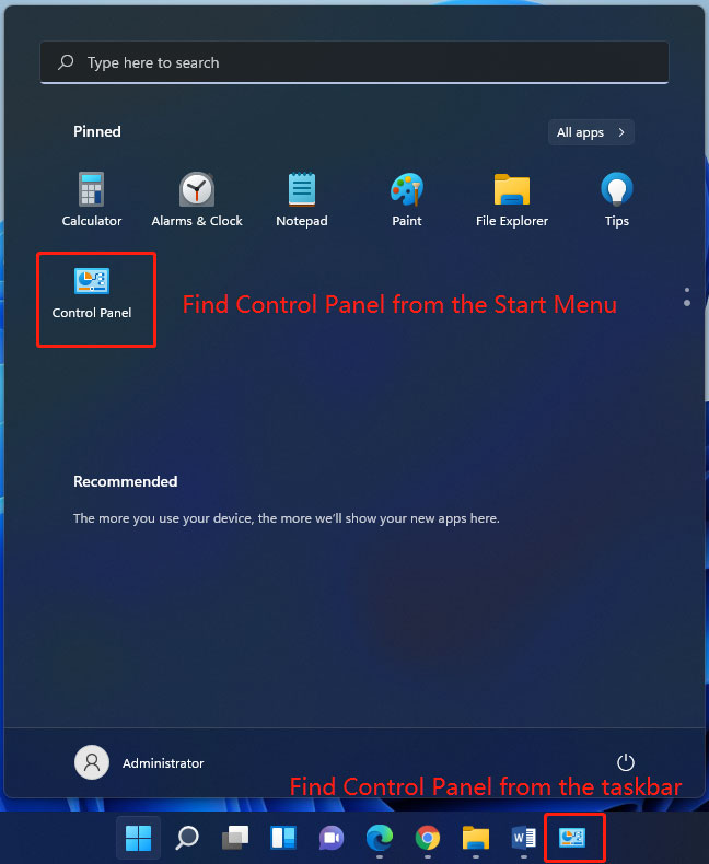 find Control Panel from the Start menu or the taskbar