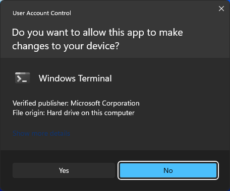 click Yes to run Windows Terminal as administrator in Windows 11