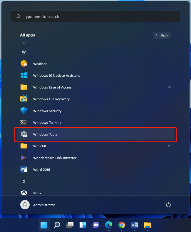 open Windows Tools via the app list in the Start menu