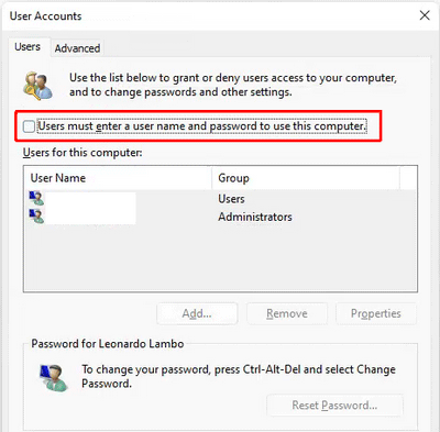 Users must enter a user name and password to use this computer