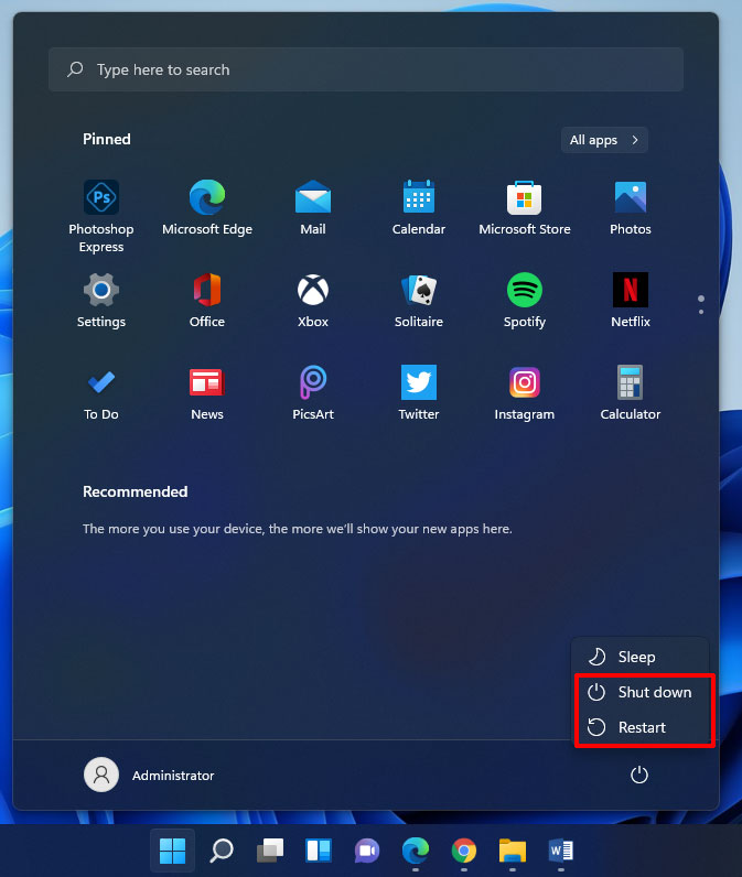 select Shut down from the Start menu in Windows 11