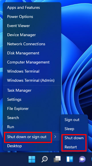 shut down Windows 11 via the WinX menu