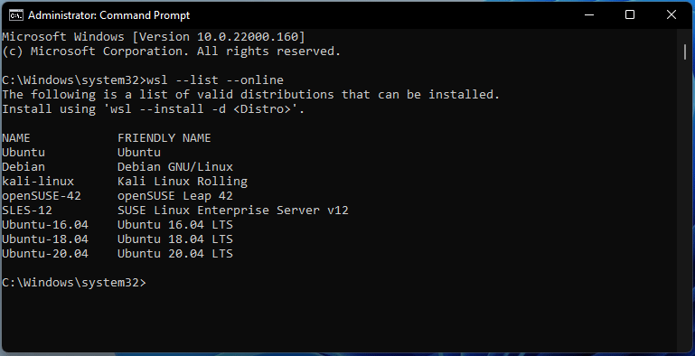 list all WSL distros
