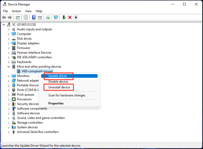 update driver or uninstall device