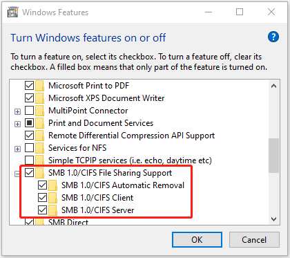 check options under SMB 1.0/CIFS File Sharing Support