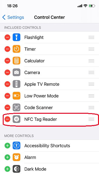 move NFC tag reader to control center