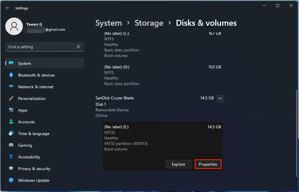 disks volumes in Settings