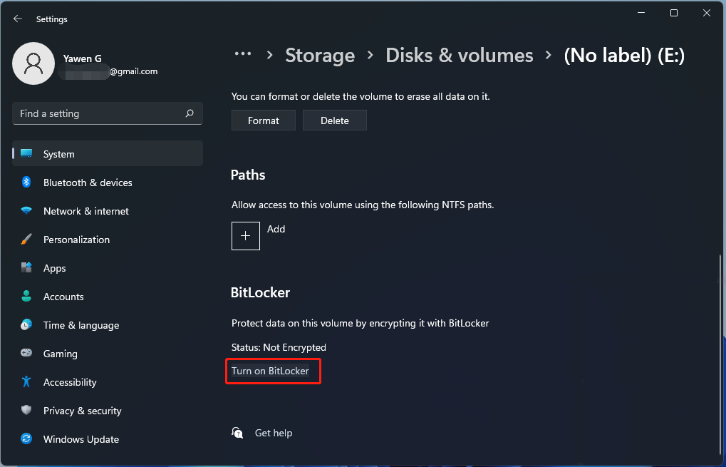 turn on BitLocker in Windows 11 Settings
