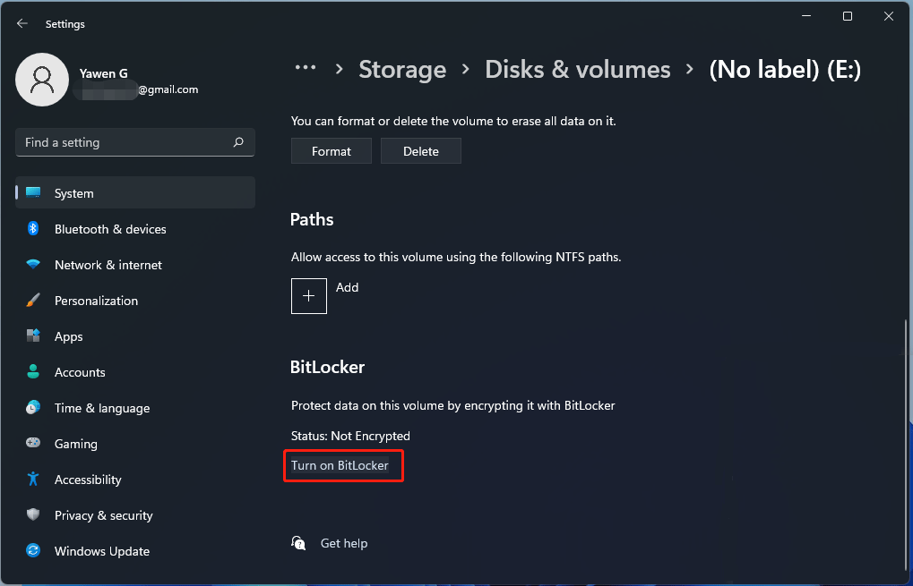 turn on BitLocker in Windows 11 settings