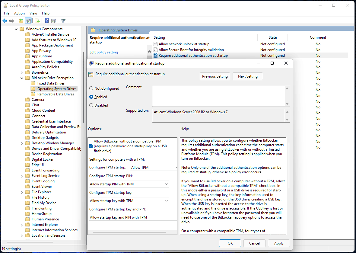 allow BitLocker without a compatible TPM