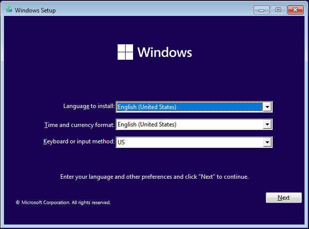 Windows 10 21H2 setup page