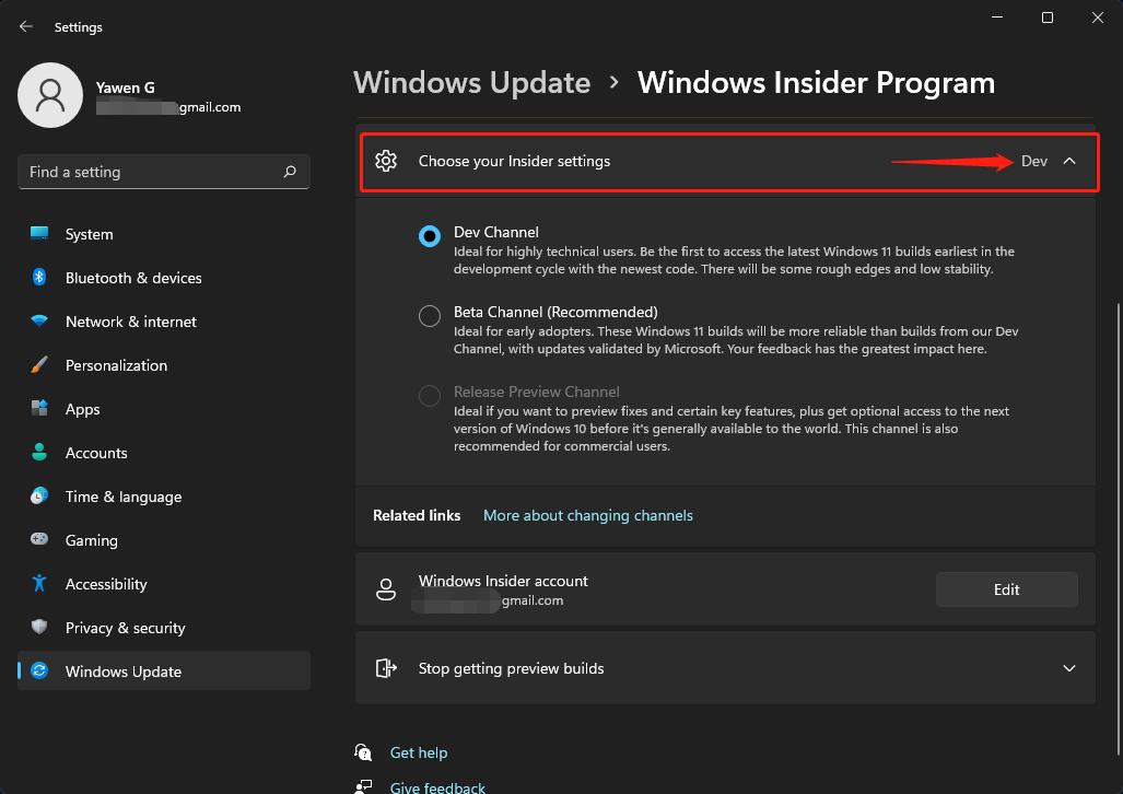 check Channel in Windows 11