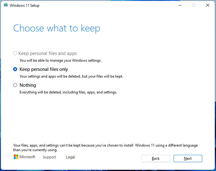 your files, apps, and settings can't be kept Windows 11