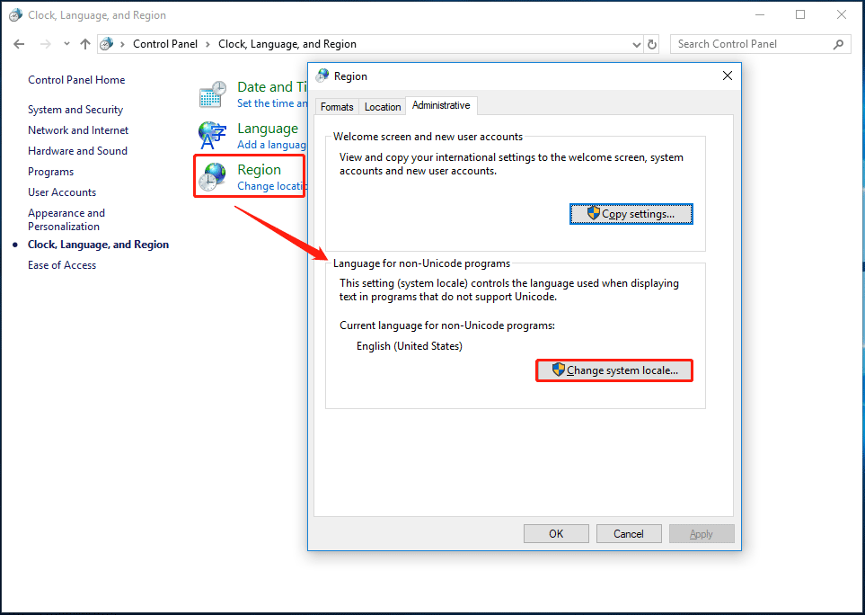 change system locale in Control Panel