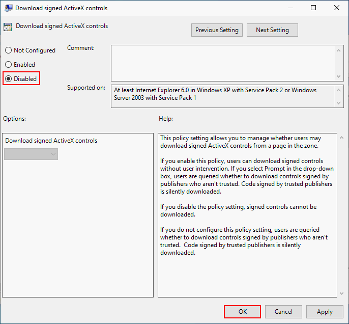 Disable ActiveX controls