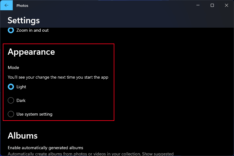 select a color mode for the Photos app