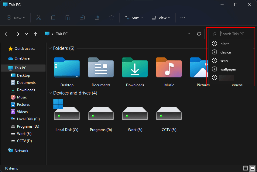 File Explorer search history