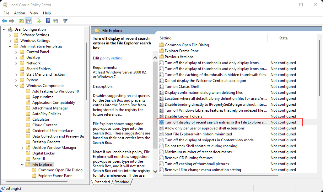 find Turn off the display of recent search entries in the File Explorer search box