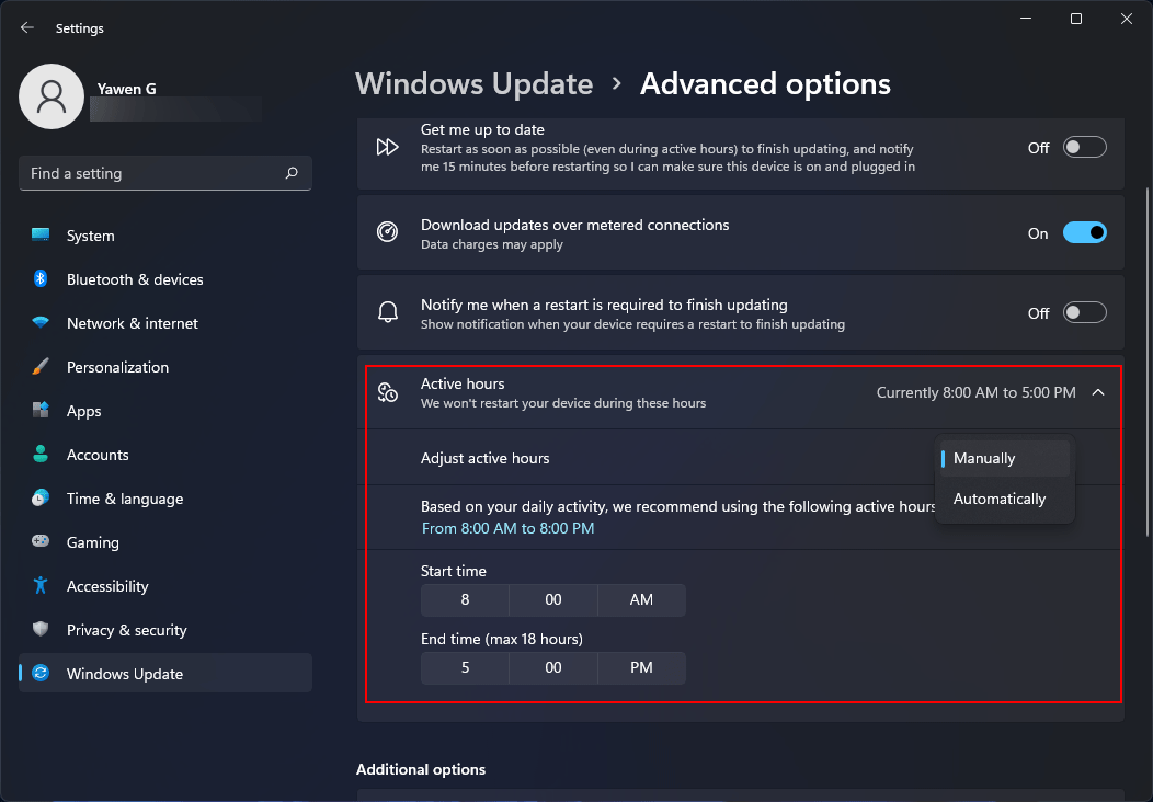 set active hours on Windows 11