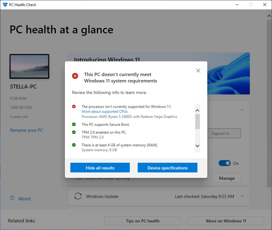 PC Health Check returns